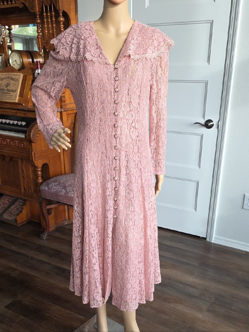 Delicate Pink Lace Long-Sleeve Button-Front Dress
